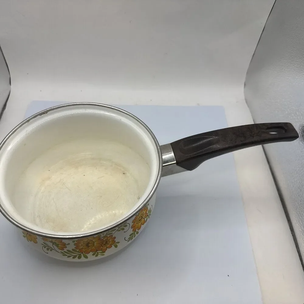 Vintage Enamel Floral 3-Pc Frying Pan Saucepan & Lid Set, Electric/Gas